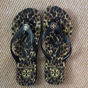 Tory Burch Animal Print Flip Flops with Black Straps